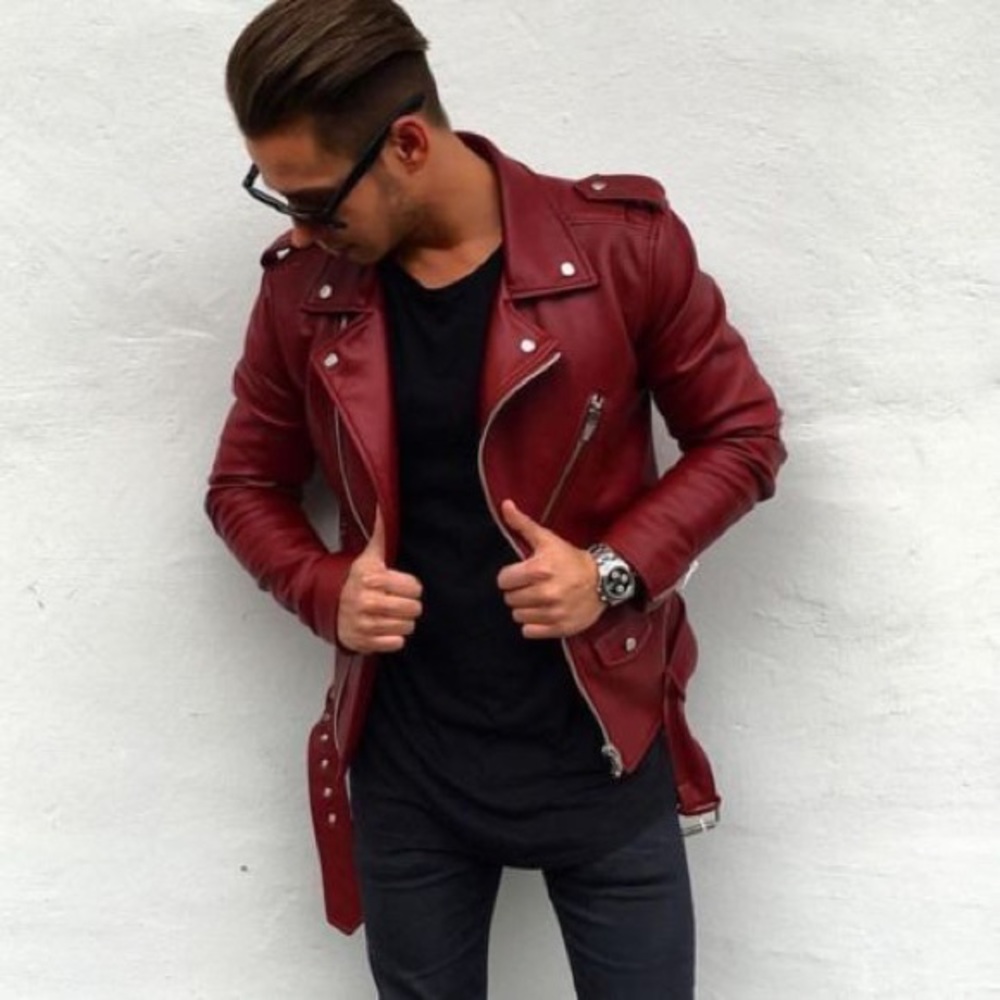 Zara Man Burgundy Faux Leather Biker Jacket